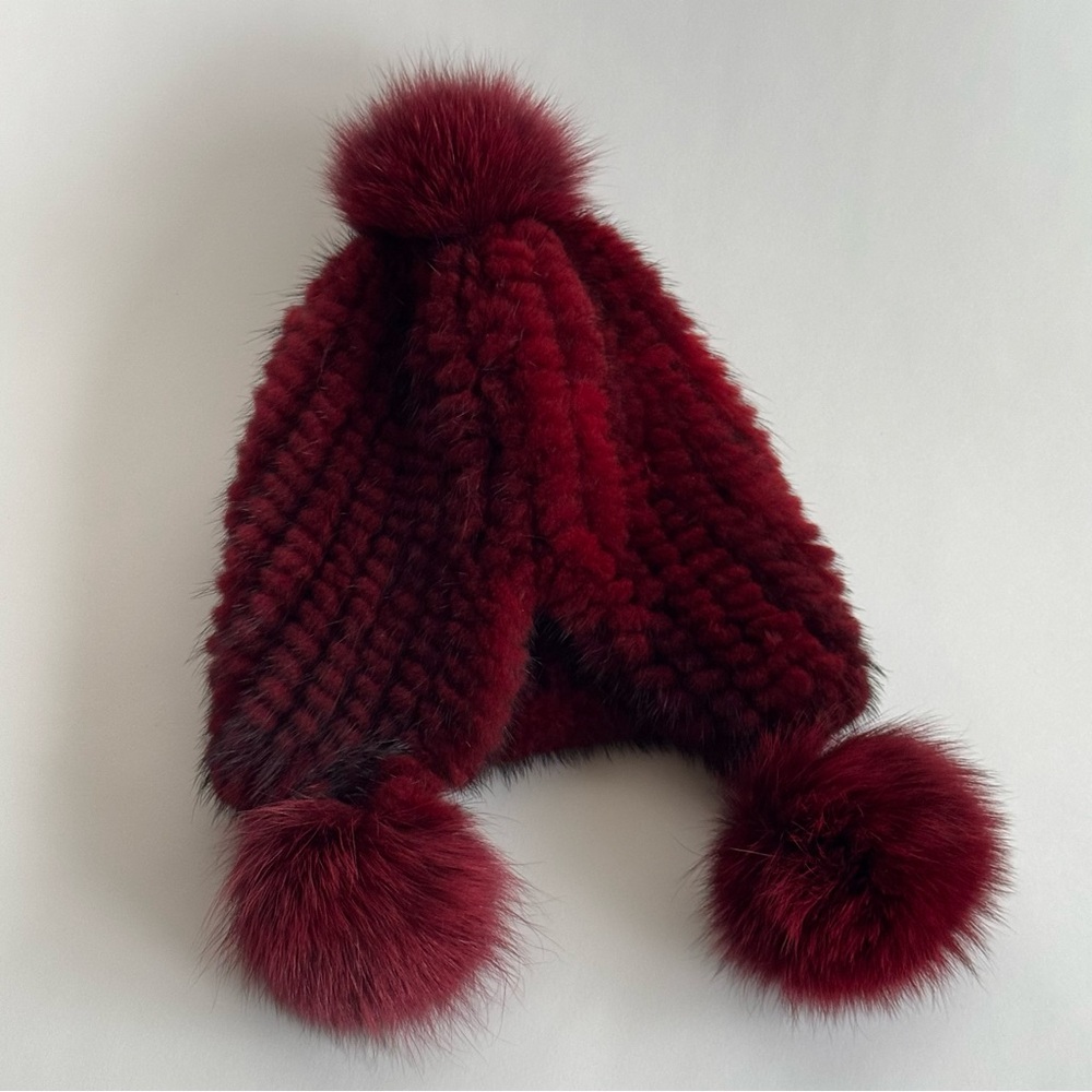 REAL FUR Burgundy Knitted Hat with Fluffy Pom-Poms